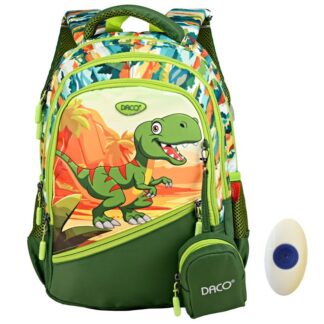 Ghiozdan baieti clasa 0–2, Dinozaur, verde multicolor, DACO GH3512, 38 cm + radiera cu grip FLR