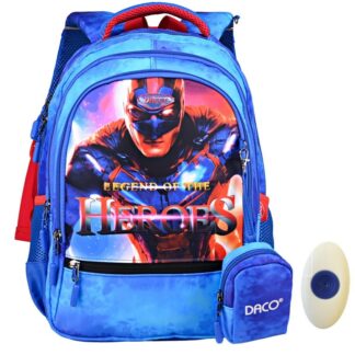Ghiozdan baieti clasa 0–2, Supererou, albastru-rosu, DACO GH3513 38 cm + radiera cu grip FLR