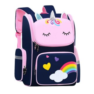 Ghiozdan pentru copii, model unicorn, 2 buzunare laterale, roz/albastru, 37x24x12cm