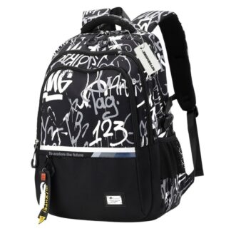 Ghiozdan scoala, NEVERMORE, Imprimare numerica, Stil simplu pentru calatorie si scolar, capacitate mare, 48 x 33 x 19 cm, Negru/Alb