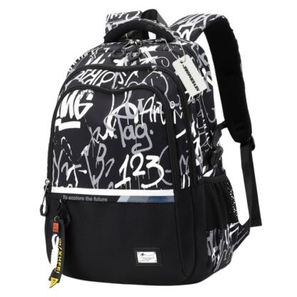 Ghiozdan scoala, NEVERMORE, Imprimare numerica, Stil simplu pentru calatorie si scolar, capacitate mare, 48 x 33 x 19 cm, Negru/Alb