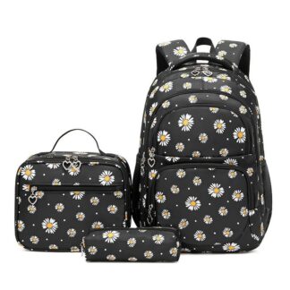 Set ghiozdan scoala cu penar si geanta, NEVERMORE, Imprimeu margareta, Rezistent apa, 43 x 29 x 16 cm, Negru
