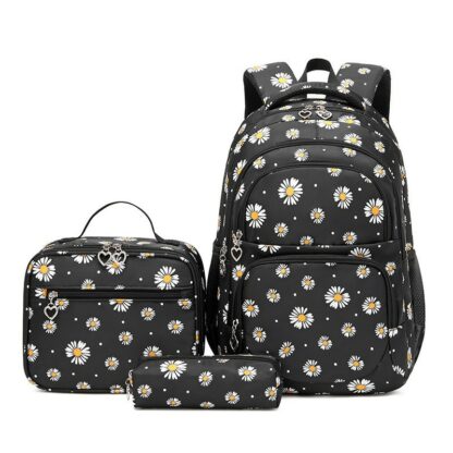 Set ghiozdan scoala cu penar si geanta, NEVERMORE, Imprimeu margareta, Rezistent apa, 43 x 29 x 16 cm, Negru